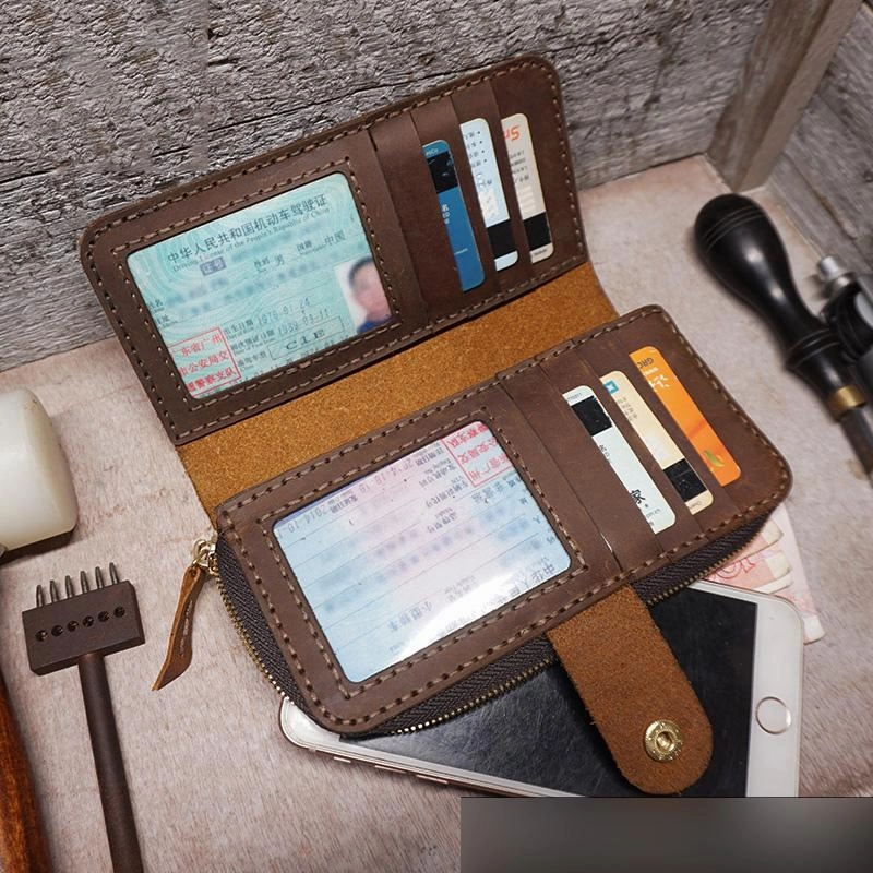 Handmade Leather Mens Bifold Long Wallet Clutch Checkbook Wallet Lots Cards Long Wallet for Men