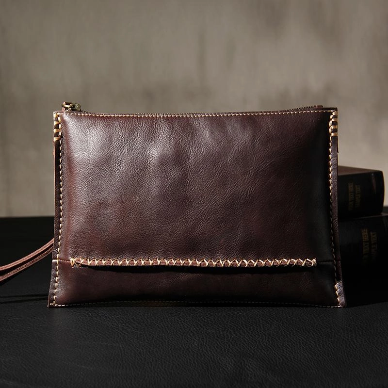 Handmade Leather Mens Brown Clutch Vintage Wristlet Wallet Clutch Wallet for Men