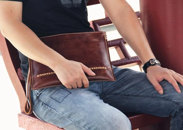 Handmade Leather Mens Brown Clutch Vintage Wristlet Wallet Clutch Wallet for Men