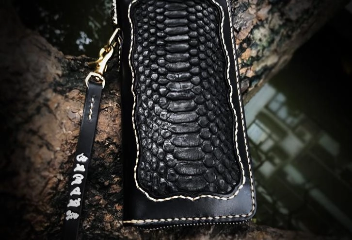 Handmade Leather Mens Chain Biker Wallet Leather Clutch Wallet Cool Long Wallets for Men