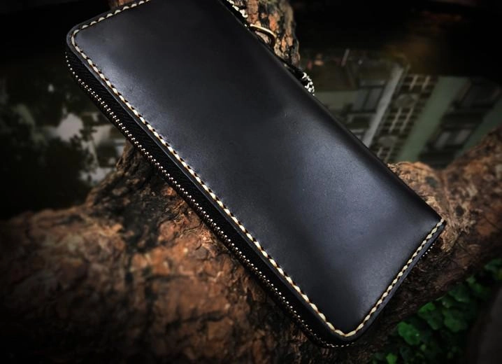 Handmade Leather Mens Chain Biker Wallet Leather Clutch Wallet Cool Long Wallets for Men