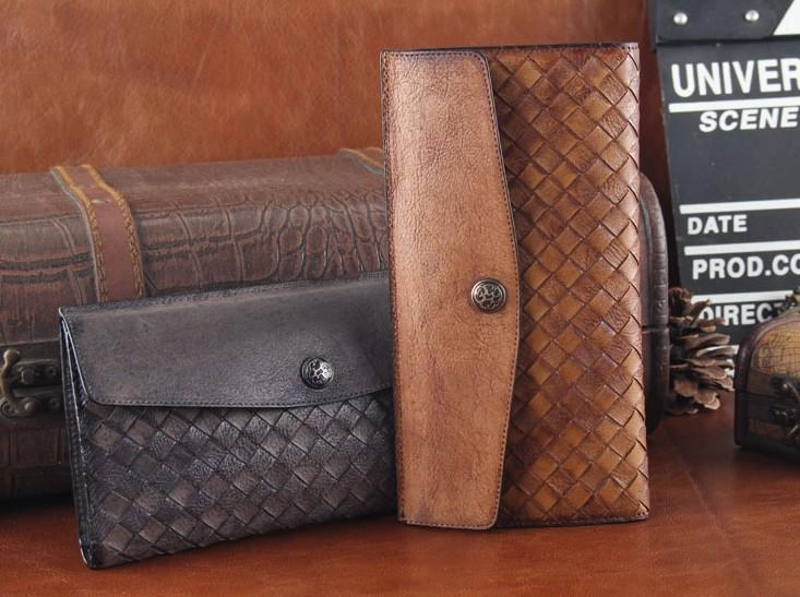 Handmade Leather Mens Clutch Cool Braided Wallet Clutch Wristlet Wallet for Men