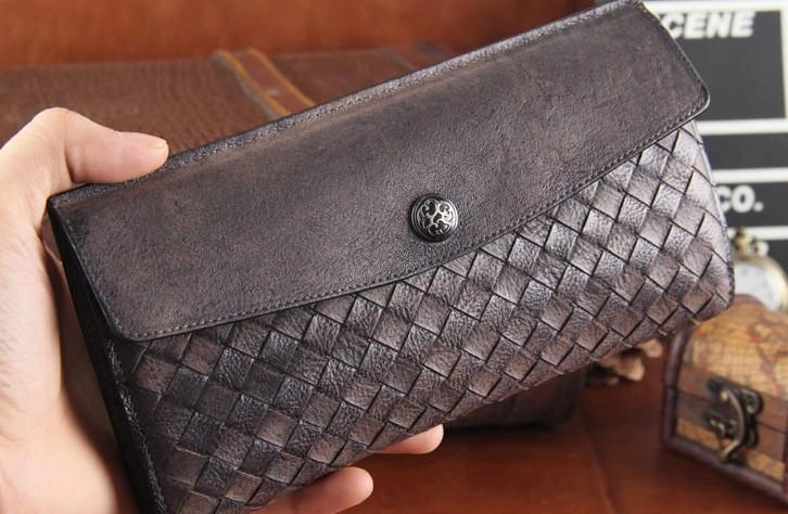 Handmade Leather Mens Clutch Cool Braided Wallet Clutch Wristlet Wallet for Men