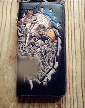 Handmade Leather Mens Clutch Wallet Cool Eagle Tooled Chain Wallet Biker Wallets for Men