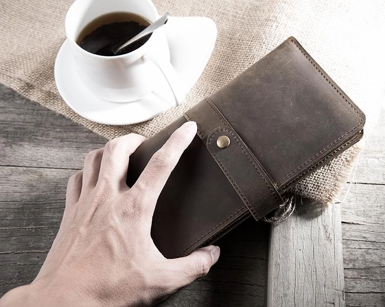 Handmade Leather Mens Clutch Wallet Cool Leather Wallet Long Phone Wallets for Men