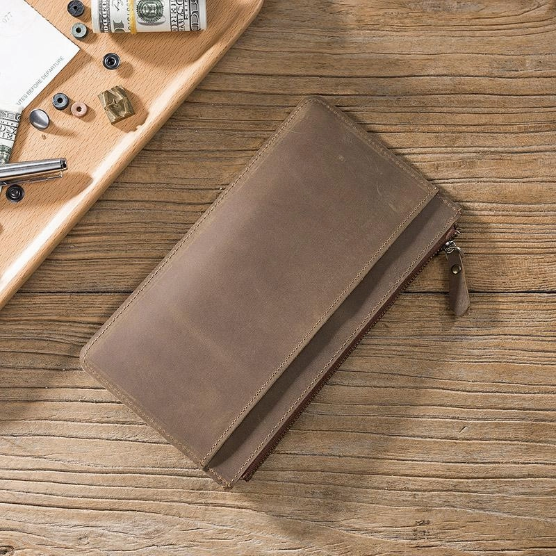 Handmade Leather Mens Clutch Wallet Cool Leather Wallet Zipper Phone Wallets for Men