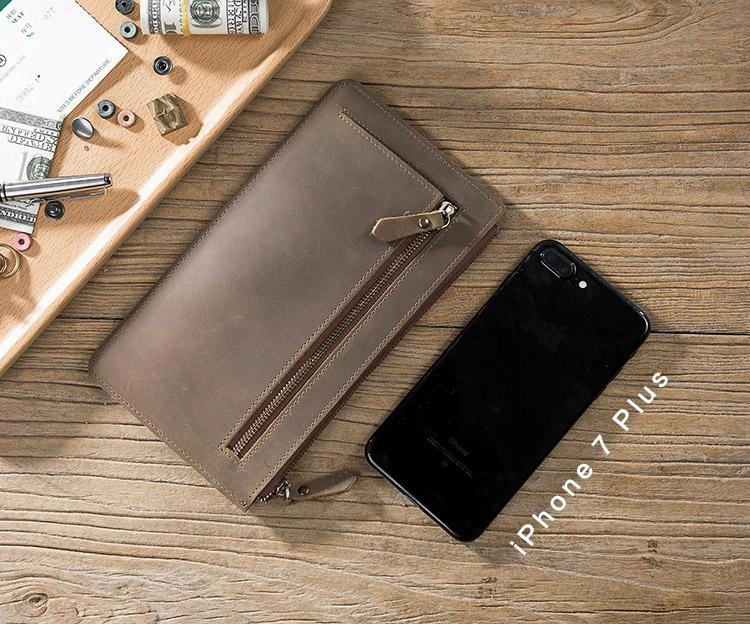 Handmade Leather Mens Clutch Wallet Cool Leather Wallet Zipper Phone Wallets for Men