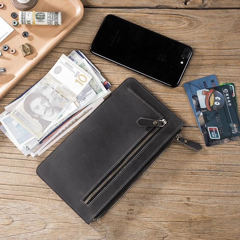 Handmade Leather Mens Clutch Wallet Cool Leather Wallet Zipper Phone Wallets for Men