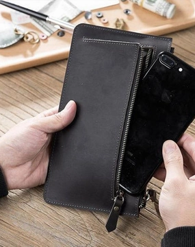 Handmade Leather Mens Clutch Wallet Cool Leather Wallet Zipper Phone Wallets for Men