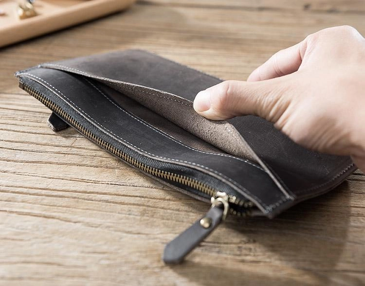Handmade Leather Mens Clutch Wallet Cool Leather Wallet Zipper Phone Wallets for Men