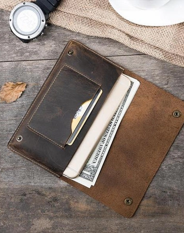 Handmade Leather Mens Clutch Wallet Cool Slim Leather Wallet Long Phone Wallets for Men