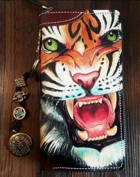 Handmade Leather Mens Clutch Wallet Cool Tiger Tooled Chain Wallet Biker Wallets for Men