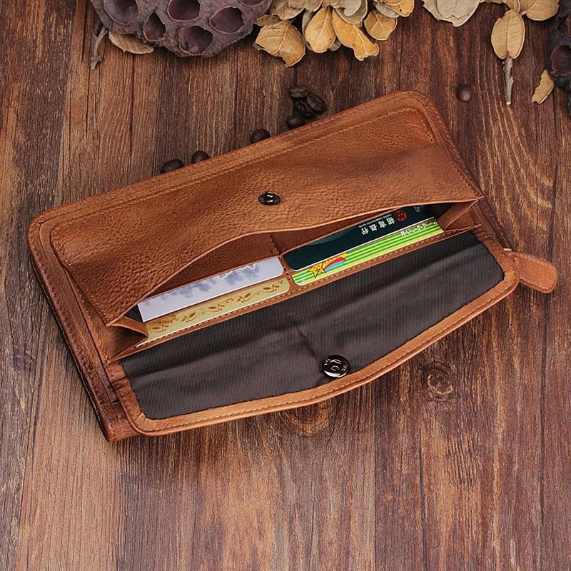 Handmade Leather Mens Cool Long Leather Wallet Bifold Clutch Wallet for Men