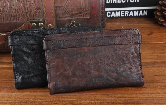 Handmade Leather Mens Cool Long Leather Wallet Bifold Clutch Wallet for Men