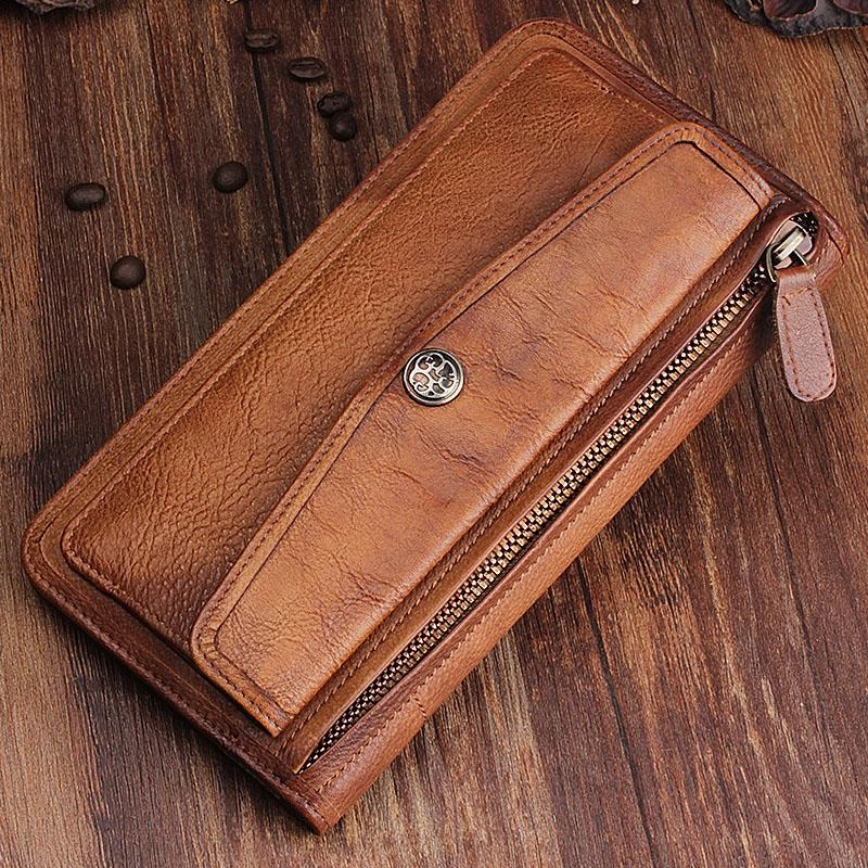 Handmade Leather Mens Cool Long Leather Wallet Bifold Clutch Wallet for Men