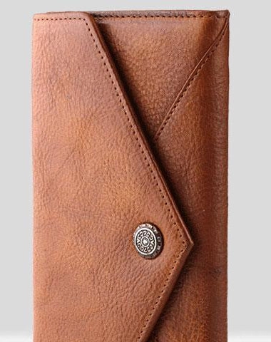 Handmade Leather Mens Cool Long Leather Wallet Bifold Envelope Clutch Wallet for Men