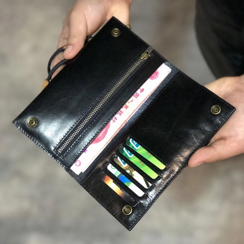 Handmade Leather Mens Cool Long Leather Wallet Biker Wallet Clutch Wallet for Men