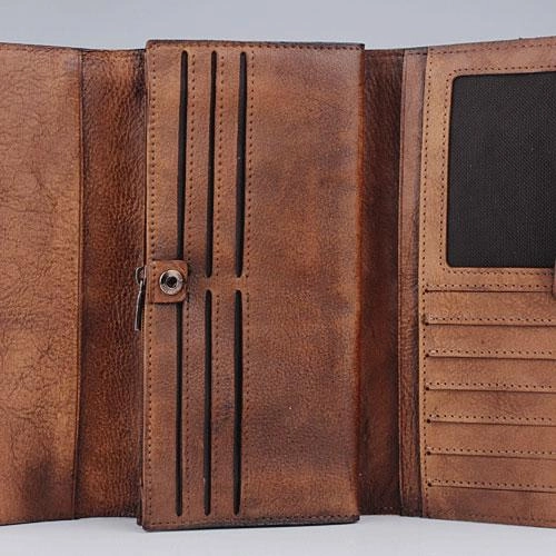 Handmade Leather Mens Cool Long Leather Wallet Trifold Clutch Wallet for Men