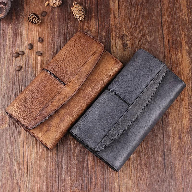 Handmade Leather Mens Cool Long Leather Wallet Trifold Clutch Wallet for Men