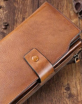 Handmade Leather Mens Cool Long Leather Wallet Wristlet Clutch Wallet for Men