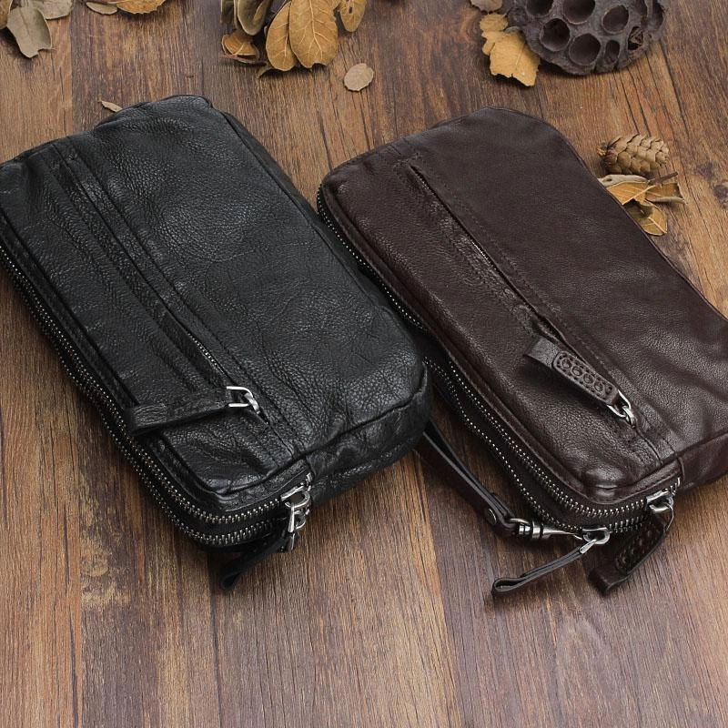 Handmade Leather Mens Cool Long Leather Wallet Zipper Clutch Wristlet Wallet for Men