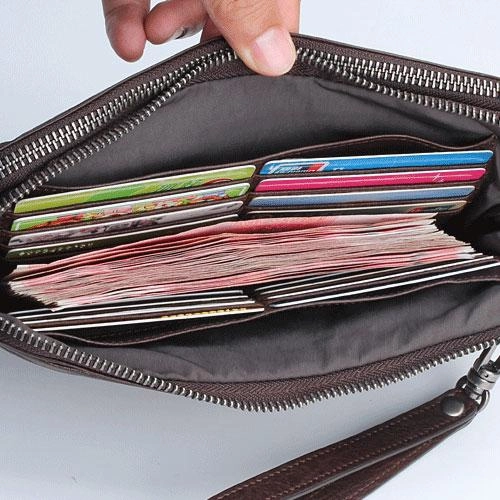 Handmade Leather Mens Cool Long Leather Wallet Zipper Clutch Wristlet Wallet for Men