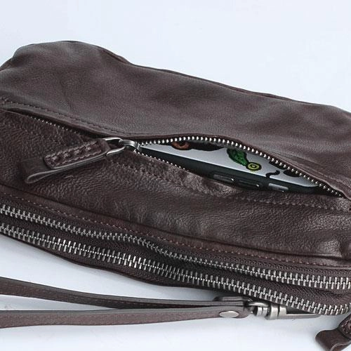 Handmade Leather Mens Cool Long Leather Wallet Zipper Clutch Wristlet Wallet for Men