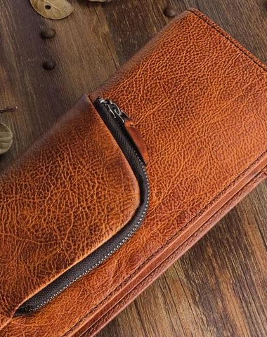 Handmade Leather Mens Cool Long Leather Wallet Zipper Phone Clutch Wallet
