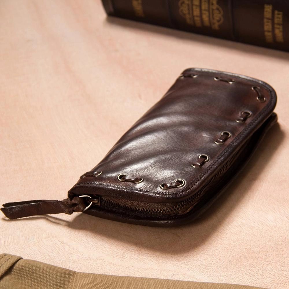 Handmade Leather Mens Long Clutch Wallet Coffee Vintage Zipper Long Wallet for Men