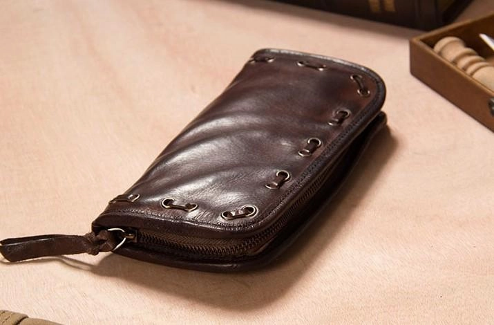 Handmade Leather Mens Long Clutch Wallet Coffee Vintage Zipper Long Wallet for Men