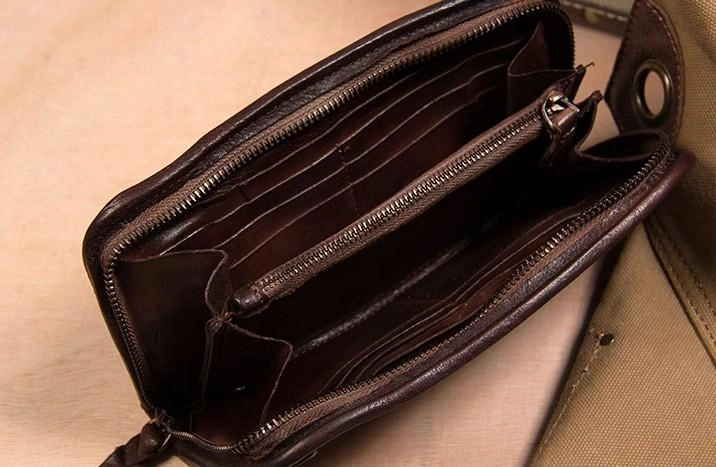Handmade Leather Mens Long Clutch Wallet Coffee Vintage Zipper Long Wallet for Men
