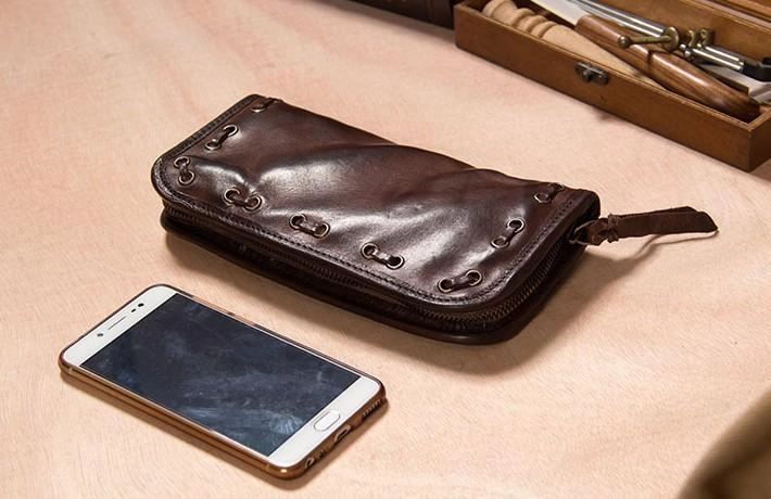 Handmade Leather Mens Long Clutch Wallet Coffee Vintage Zipper Long Wallet for Men
