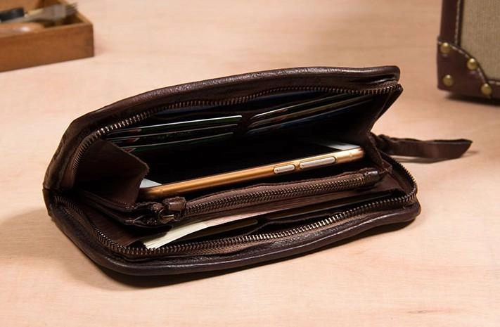 Handmade Leather Mens Long Clutch Wallet Coffee Vintage Zipper Long Wallet for Men