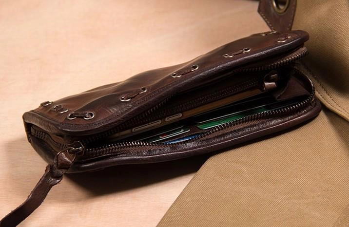 Handmade Leather Mens Long Clutch Wallet Coffee Vintage Zipper Long Wallet for Men