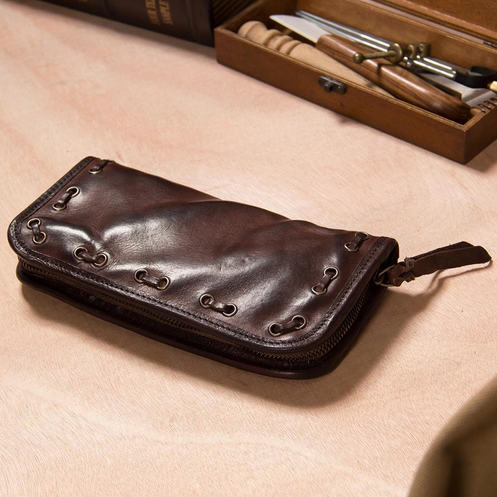 Handmade Leather Mens Long Clutch Wallet Coffee Vintage Zipper Long Wallet for Men