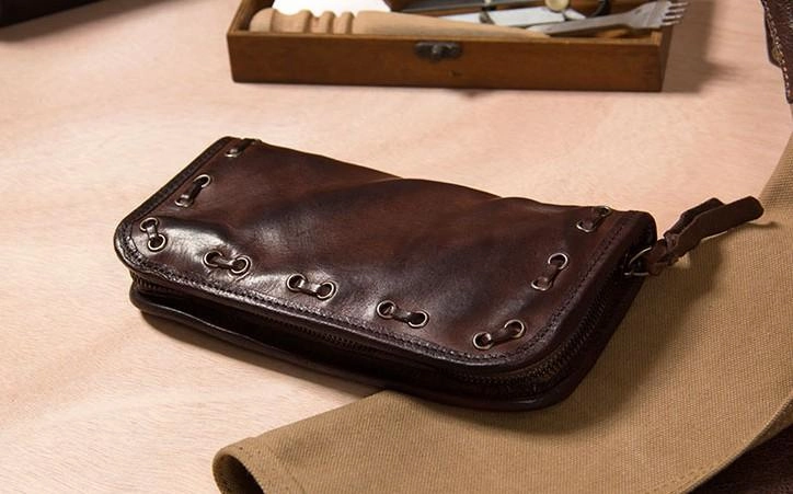Handmade Leather Mens Long Clutch Wallet Coffee Vintage Zipper Long Wallet for Men
