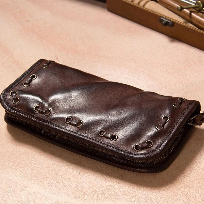 Handmade Leather Mens Long Clutch Wallet Coffee Vintage Zipper Long Wallet for Men