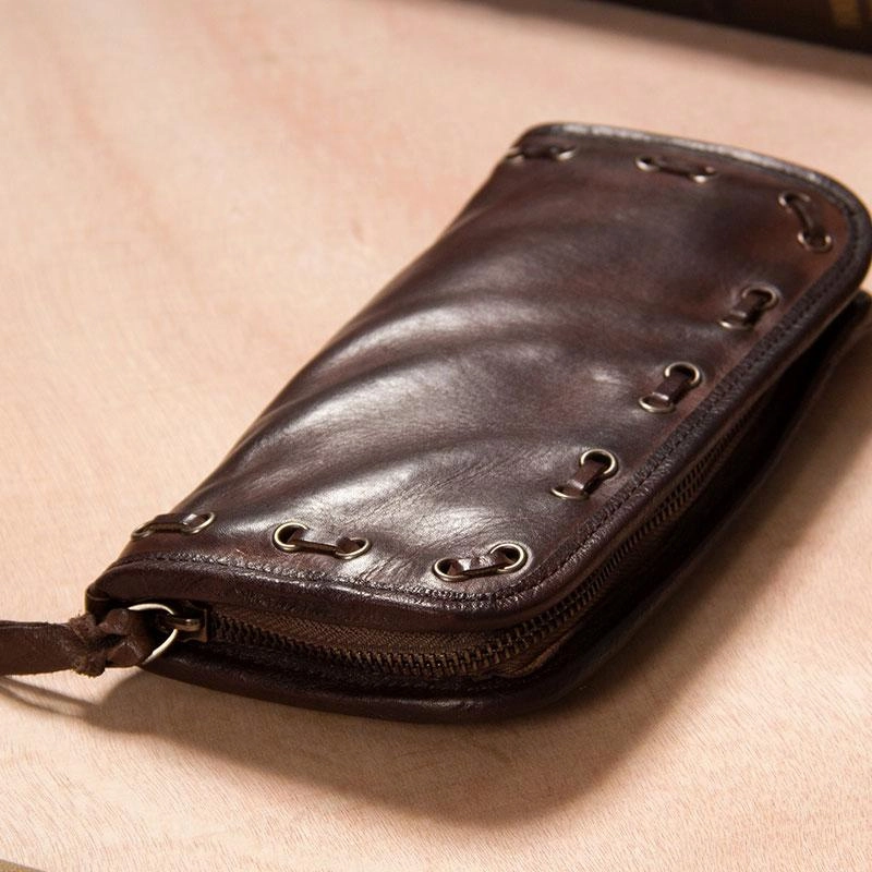 Handmade Leather Mens Long Clutch Wallet Coffee Vintage Zipper Long Wallet for Men