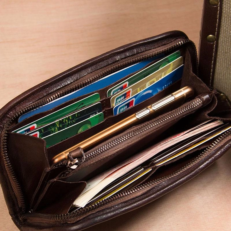 Handmade Leather Mens Long Clutch Wallet Coffee Vintage Zipper Long Wallet for Men