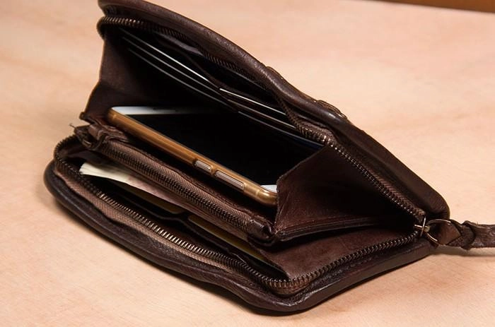 Handmade Leather Mens Long Clutch Wallet Coffee Vintage Zipper Long Wallet for Men