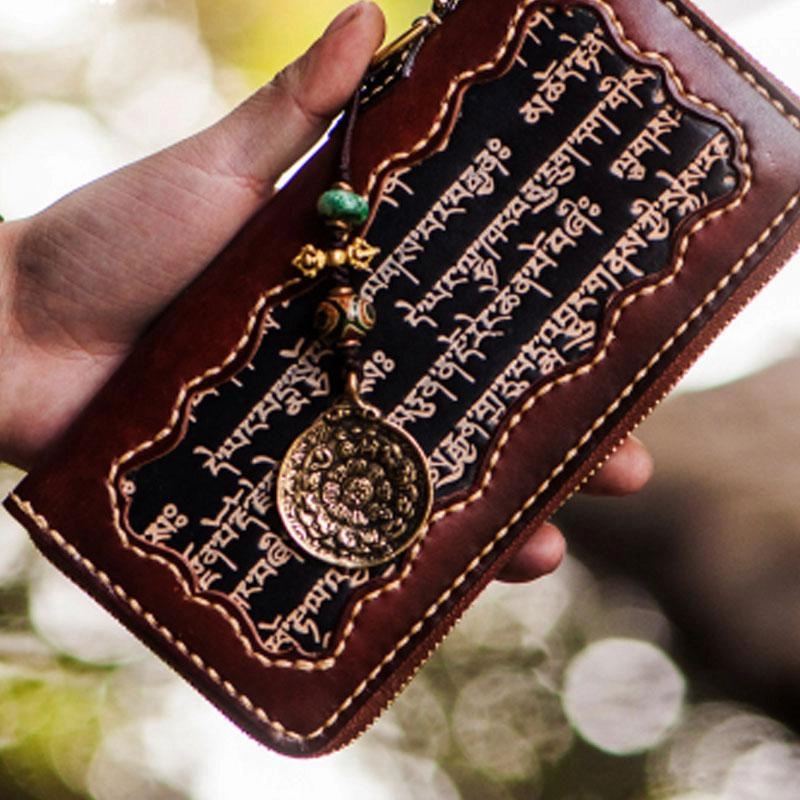 Handmade Leather Mens Tibetan Chain Biker Wallet Cool Leather Clutch Wallet Long Wallets for Men