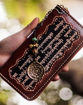 Handmade Leather Mens Tibetan Chain Biker Wallet Cool Leather Clutch Wallet Long Wallets for Men