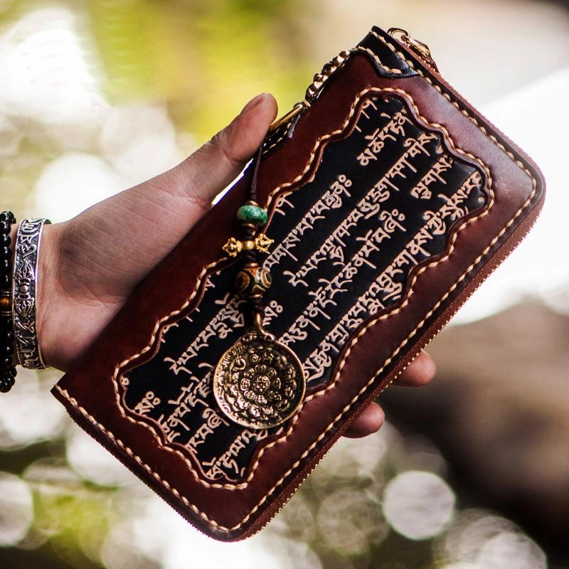Handmade Leather Mens Tibetan Chain Biker Wallet Cool Leather Clutch Wallet Long Wallets for Men