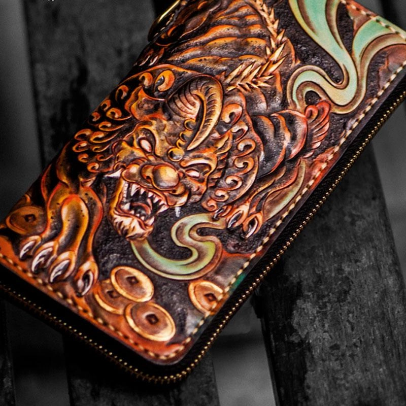 Handmade Leather Mens Tooled Monster Chain Biker Wallets Cool Leather Clutch Wallets Long Wallets for Men