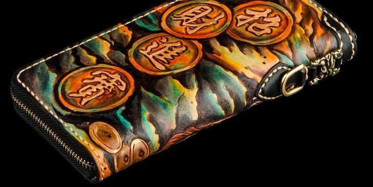 Handmade Leather Mens Tooled Monster Chain Biker Wallets Cool Leather Clutch Wallets Long Wallets for Men