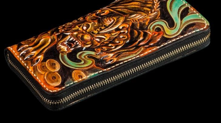 Handmade Leather Mens Tooled Monster Chain Biker Wallets Cool Leather Clutch Wallets Long Wallets for Men