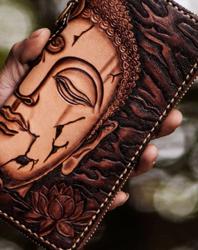 Handmade leather Sakyamuni biker wallet clutch zip long wallet black leather men phone