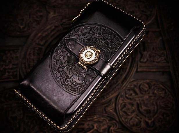 Handmade Leather Tibetan Mens Chain Biker Wallets Cool Leather Wallet Long Clutch Wallets for Men