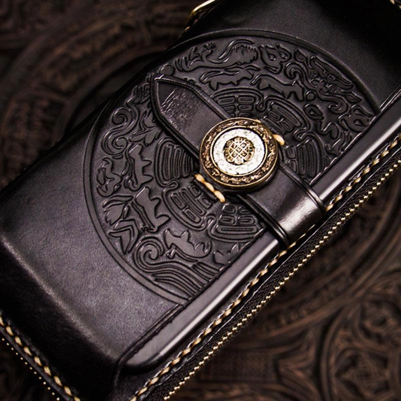 Handmade Leather Tibetan Mens Chain Biker Wallets Cool Leather Wallet Long Clutch Wallets for Men