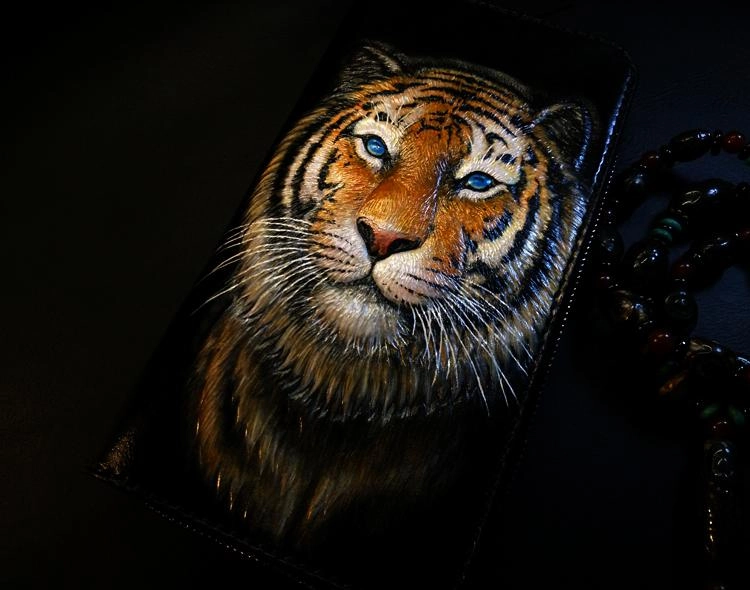 Handmade Leather Tiger Zipper Mens Long Wallet Clutch Cool Leather Wallet Long Tooled Wallets for Men